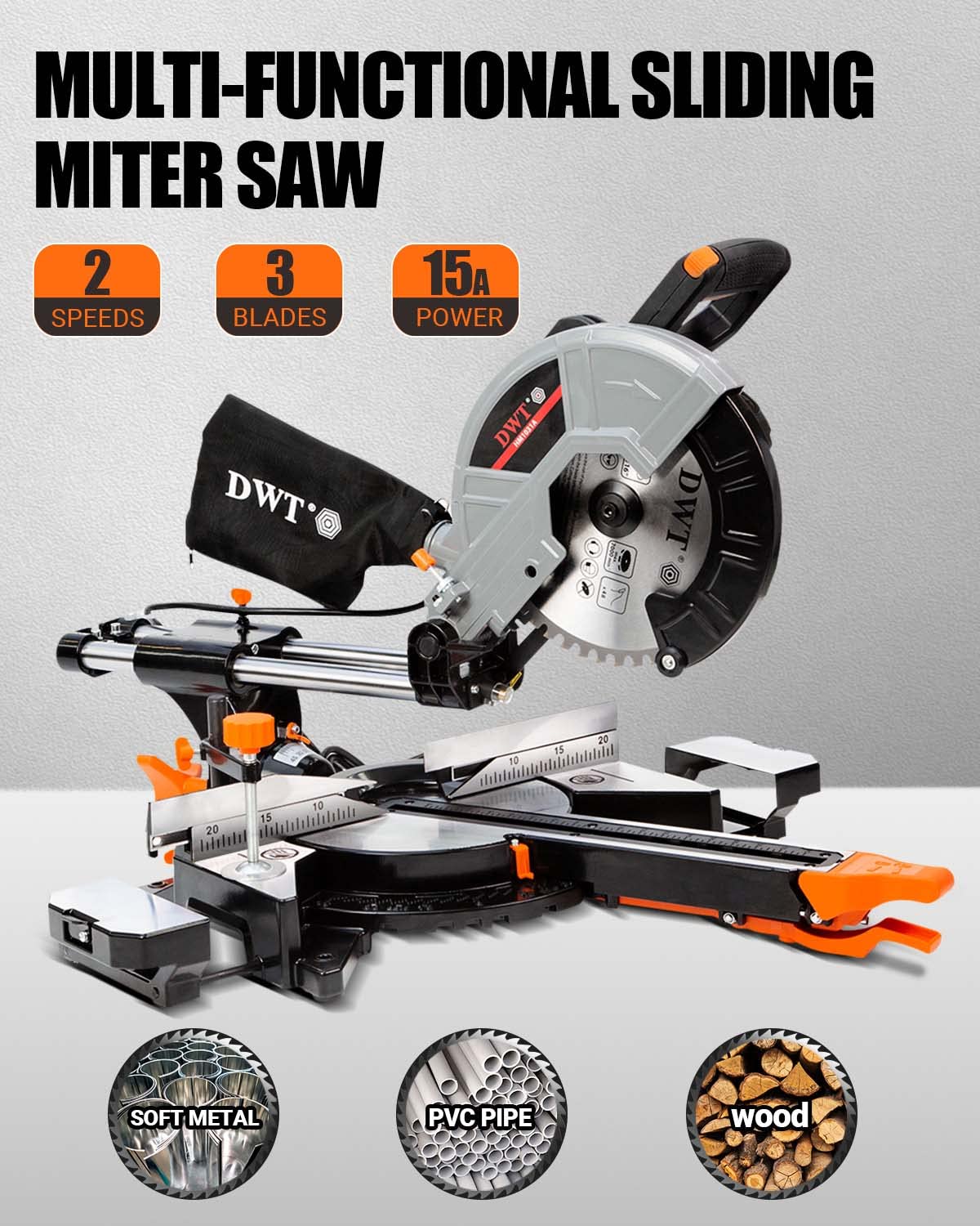 DWT Sliding Compound Miter Saw with 3 Blades, 15A 10", Double Speed (4500 RPM & 3200 RPM), Bevel Cut (0°-45°) with Laser, Extension Table, Iron Blade Guard, Cutting Wood, PVC or Soft Metal