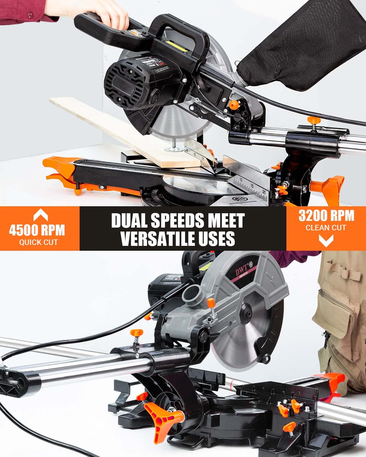 DWT Sliding Compound Miter Saw with 3 Blades, 15A 10", Double Speed (4500 RPM & 3200 RPM), Bevel Cut (0°-45°) with Laser, Extension Table, Iron Blade Guard, Cutting Wood, PVC or Soft Metal