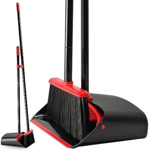 broom and dustpan set with long handle, extandable 52" broom and dust pan set for home, brooms with standing dustpans combo for sweeping lobby kitchen office indoor floor cleaning