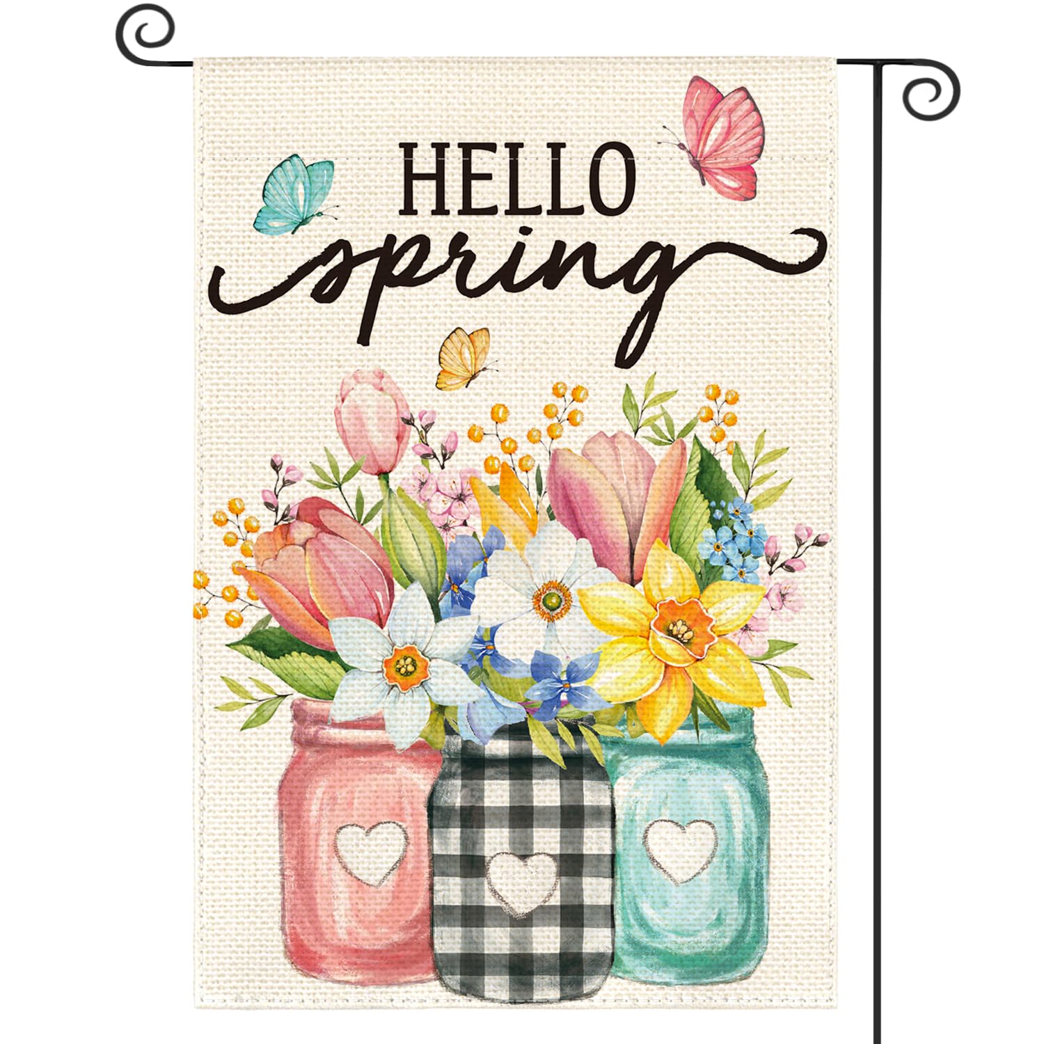 AVOIN colorlife Hello Spring Garden Flag 12x18 Inch Double Sided Outside, Floral Mason Jar Holiday Yard Outdoor Flag