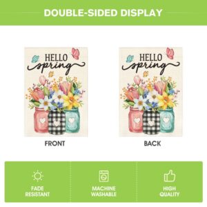 AVOIN colorlife Hello Spring Garden Flag 12x18 Inch Double Sided Outside, Floral Mason Jar Holiday Yard Outdoor Flag