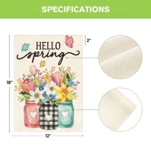 AVOIN colorlife Hello Spring Garden Flag 12x18 Inch Double Sided Outside, Floral Mason Jar Holiday Yard Outdoor Flag