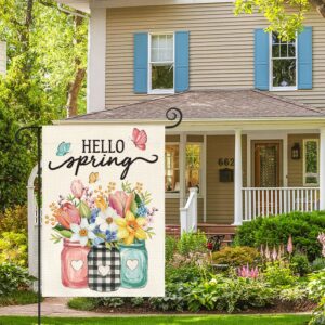 AVOIN colorlife Hello Spring Garden Flag 12x18 Inch Double Sided Outside, Floral Mason Jar Holiday Yard Outdoor Flag