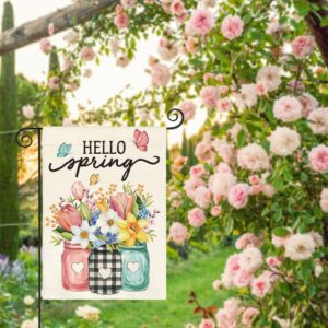 AVOIN colorlife Hello Spring Garden Flag 12x18 Inch Double Sided Outside, Floral Mason Jar Holiday Yard Outdoor Flag