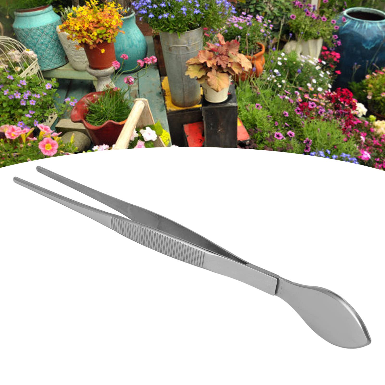 Cyrank Bonsai Tweezers, 2Pcs Long Handle Stainless Steel Straight Plant Soil Loosening Spatula Set with Serrated Tips Comfortable Ridged Handle for Garden Kitchen