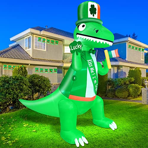 TURNMEON 8 Ft Tall 10 Ft Long Giant St. Patrick's Day Inflatable Decoration Outdoor, Blow Up Dinosaur Holding Irish Flag Shamrocks Hat Sash with LED Lights St Patrick Day Decorations Yard Garden Lawn