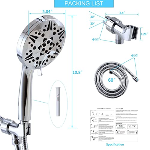 High Pressure Shower Head with Handheld,10-Modes Shower Head Built-in Super Power JET & FAN Wash Function with Filter & 60''Stainless Steel Hose and Adjustable Bracket