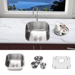 kabco 16 inch square single bowl stainless steel classic kitchen sink with kitchen sink strainer, garbage basket and sink grid, 18 gauge undermount rust resistant sound and heatproof swirl finish sink