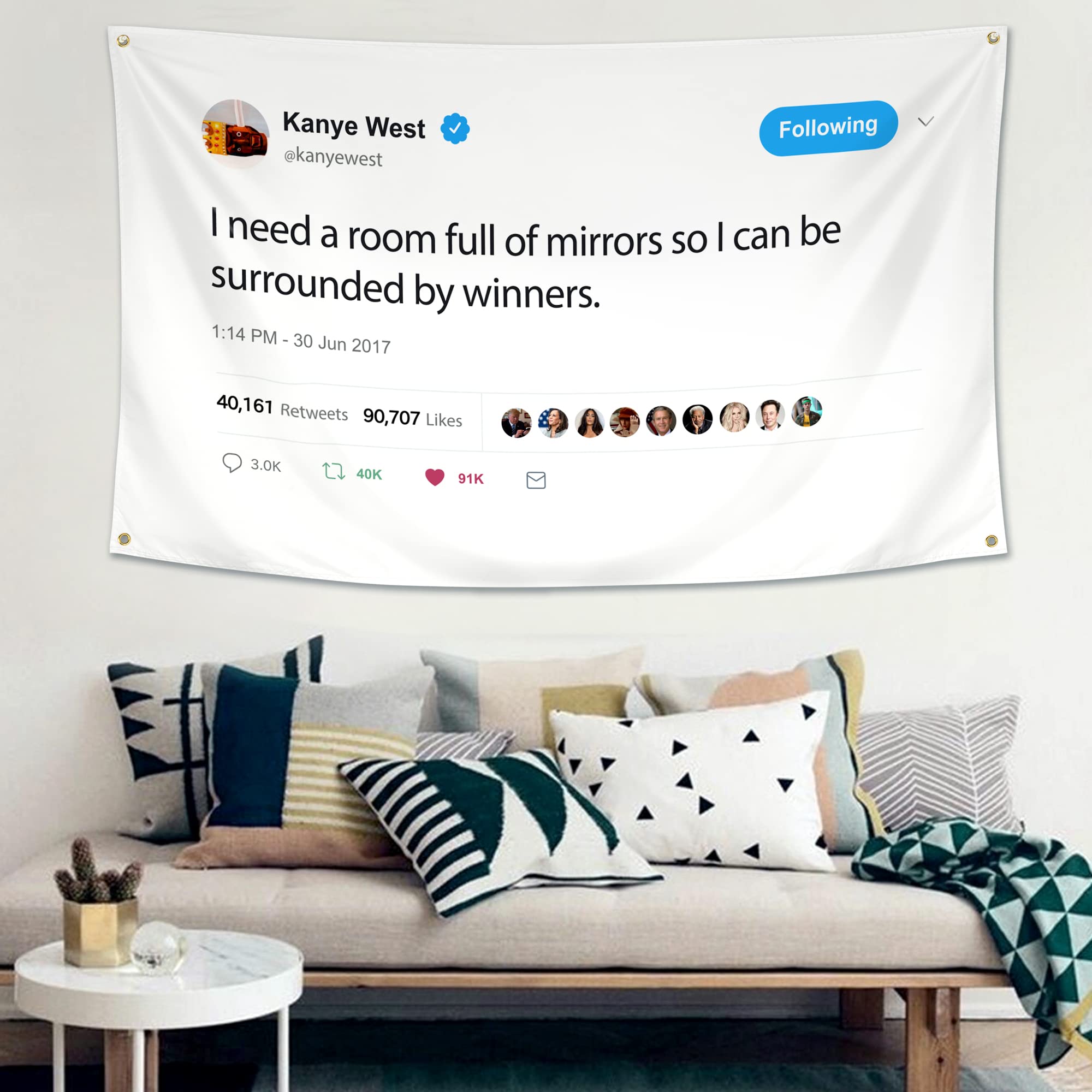 WHGJ Kanye Flag I Need A Room Full of Mirrors 3x5 ft Tweet Quote Rapper Tapestry, Heavy Duty 200D Durable Polyester, Funny Poster Flags for Room College Dorm Guys, Fade Resistant Banner Décor