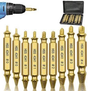 9 pcs damaged screw extractor kit, miuudby hss 4341 material damaged & stripped screw extractor set for easy out and speed out remover common size of broken tool and titanium extractor drill bit, gold