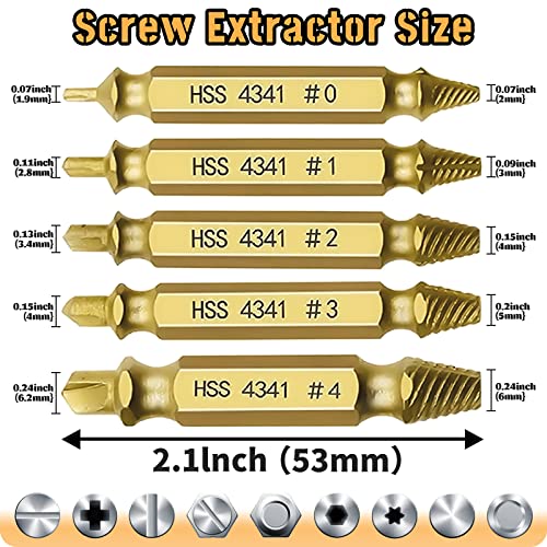 9 Pcs Damaged Screw Extractor Kit, Miuudby HSS 4341 Material Damaged & Stripped Screw Extractor Set For Easy Out And Speed Out Remover Common Size of Broken Tool And Titanium Extractor Drill Bit, Gold