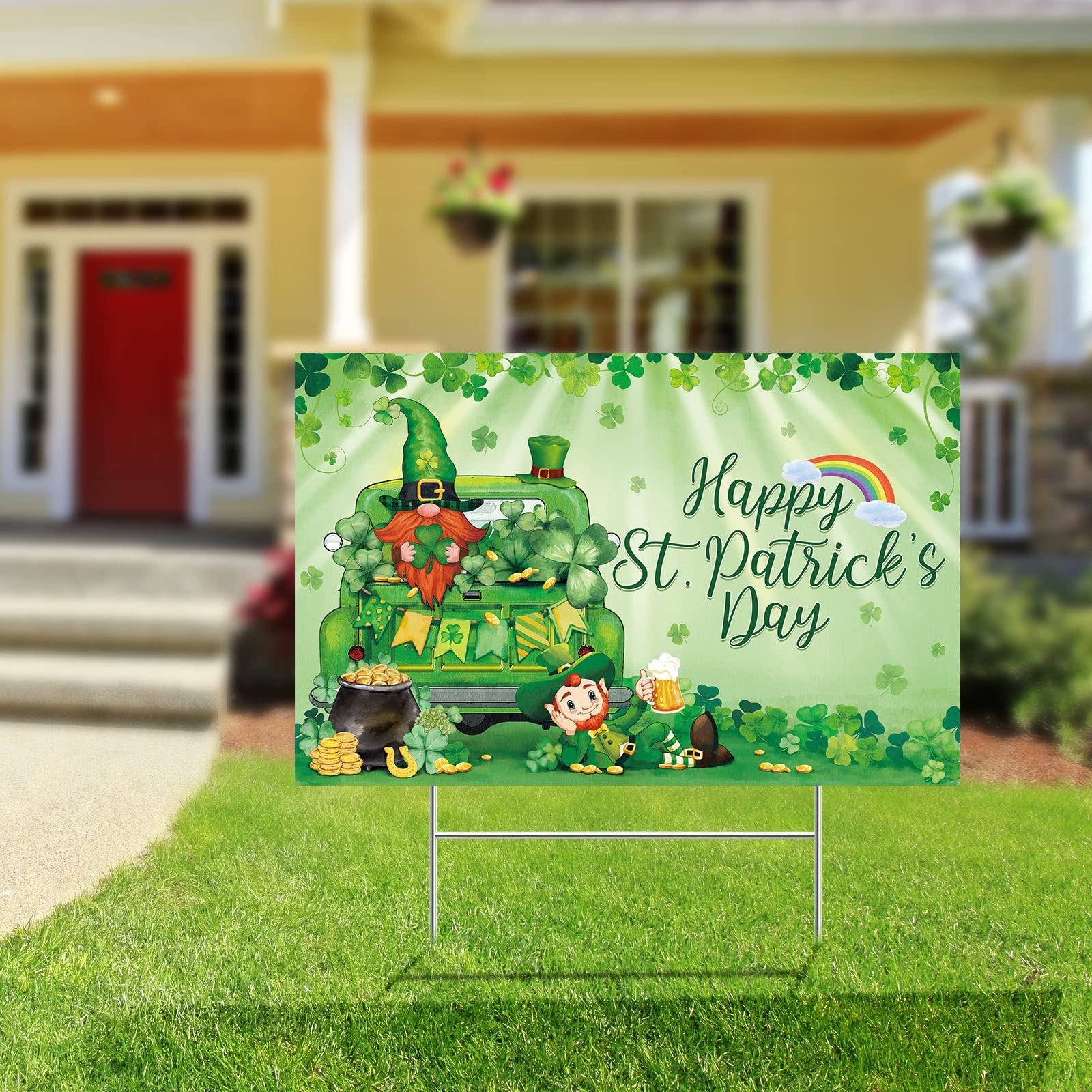 St. Patrick's Day Yard Sign Happy Saint Patty's Day Lawn Decorations 24.8 x 16 Inch Irish Leprechaun Shamrock Yard Sign Leprechaun Sat in the Irish Green Truck Outdoor Decor with Metal H stake