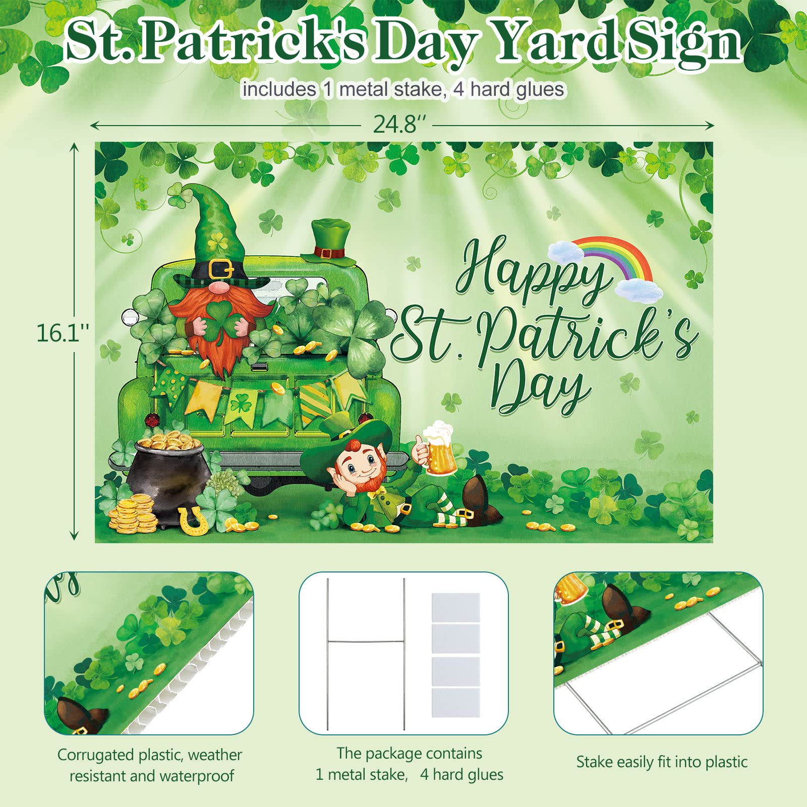 St. Patrick's Day Yard Sign Happy Saint Patty's Day Lawn Decorations 24.8 x 16 Inch Irish Leprechaun Shamrock Yard Sign Leprechaun Sat in the Irish Green Truck Outdoor Decor with Metal H stake