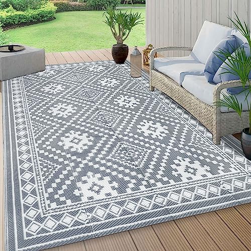 famibay 5x8 Outdoor Rug Waterproof Plastic Straw Rug Patio Rugs Outdoor Waterproof Reversible Patio Mat Lightweight Portable Aztec Outdoor Area Rug for Patio Deck Balcony Camping(Grey)