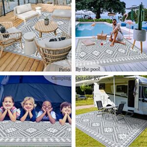 famibay 5x8 Outdoor Rug Waterproof Plastic Straw Rug Patio Rugs Outdoor Waterproof Reversible Patio Mat Lightweight Portable Aztec Outdoor Area Rug for Patio Deck Balcony Camping(Grey)