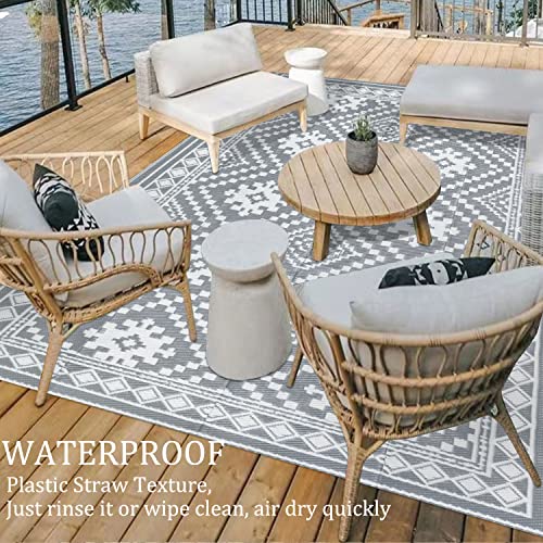 famibay 5x8 Outdoor Rug Waterproof Plastic Straw Rug Patio Rugs Outdoor Waterproof Reversible Patio Mat Lightweight Portable Aztec Outdoor Area Rug for Patio Deck Balcony Camping(Grey)