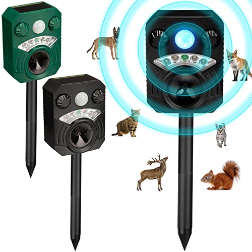 Ultrasonic Animal Repellent Solar Animal Repeller Ultrasonic Dog Repeller Deer Deterrent Deer Repellent Device Repels Cat Deer Raccoon Dog Rabbit Skunk Squirrel for Outdoor Yard, Black, Green (2 Pcs)