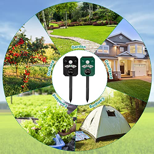 Ultrasonic Animal Repellent Solar Animal Repeller Ultrasonic Dog Repeller Deer Deterrent Deer Repellent Device Repels Cat Deer Raccoon Dog Rabbit Skunk Squirrel for Outdoor Yard, Black, Green (2 Pcs)