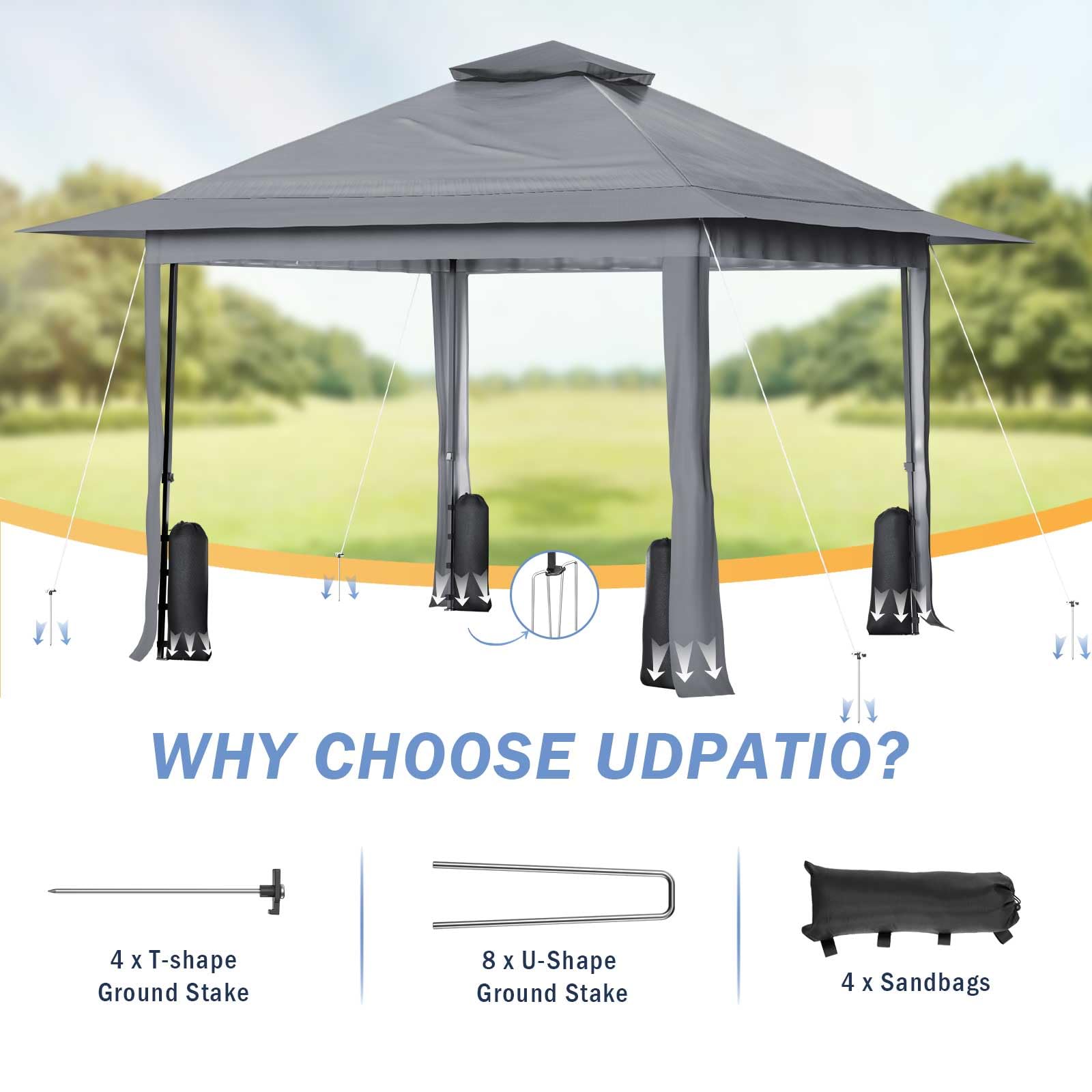 UDPATIO 13'x13' Pop up Gazebo Canopy Tent, Outdoor Patio Waterproof Gazebo with Mosquito Netting for Lawn, Garden, Backyard and Deck, Grey