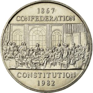 1982 royal canadain mint 1 dollar commemorative coin. celebrating 1867 creation of canada,"confederation and constitution". 1 dollar graded by seller. circulated condition.