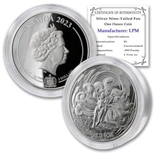 2023 1 oz samoan silver nine-tailed fox | asian mythical creatures coin brilliant uncirculated (in capsule) with certificate of authenticity $2 bu