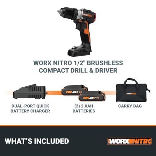Worx Nitro 20V Cordless 1/2" Drill Driver with Brushless Motor, Compact & Lightweight Drill Set Only 6" and 3 lbs., Cordless Drill Power Share Compatible WX130L – Batteries & Charger Included