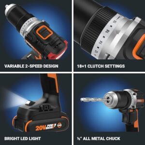 Worx Nitro 20V Cordless 1/2" Drill Driver with Brushless Motor, Compact & Lightweight Drill Set Only 6" and 3 lbs., Cordless Drill Power Share Compatible WX130L – Batteries & Charger Included