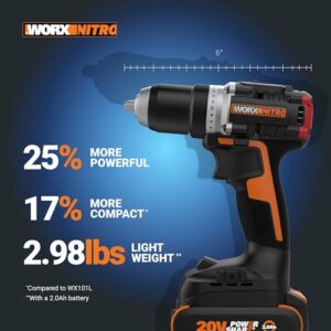 Worx Nitro 20V Cordless 1/2" Drill Driver with Brushless Motor, Compact & Lightweight Drill Set Only 6" and 3 lbs., Cordless Drill Power Share Compatible WX130L – Batteries & Charger Included