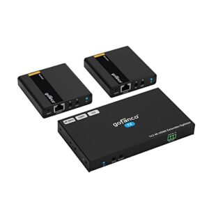 gofanco 1x2 hdmi extender splitter over cat6/7 – up to 4k/30hz @ 131ft (40m), 1080p @ 230ft (70m), hdcp 1.4, dual ir, hdmi loopout, rs232 control, surge/lightning/esd protection (hd14ext-2p)