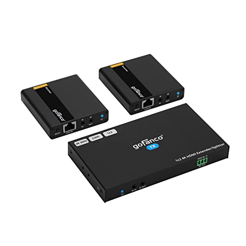 gofanco 1x2 HDMI Extender Splitter Over CAT6/7 – Up to 4K/30Hz @ 131ft (40m), 1080p @ 230ft (70m), HDCP 1.4, Dual IR, HDMI Loopout, RS232 Control, Surge/Lightning/ESD Protection (HD14Ext-2P)