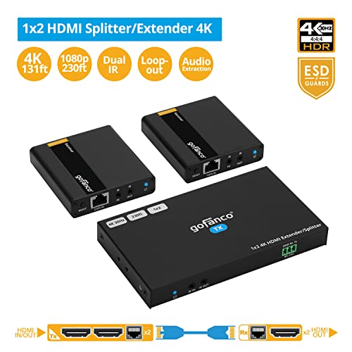 gofanco 1x2 HDMI Extender Splitter Over CAT6/7 – Up to 4K/30Hz @ 131ft (40m), 1080p @ 230ft (70m), HDCP 1.4, Dual IR, HDMI Loopout, RS232 Control, Surge/Lightning/ESD Protection (HD14Ext-2P)