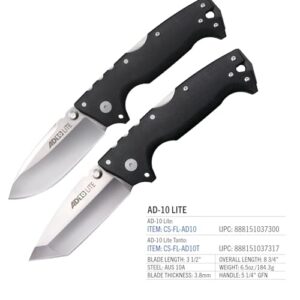 COLD STEEL AD-10 Lite 3.5" AUS10A Steel Ultra-Sharp Tanto Point Blade 5.25" GFN Handle Tactical Folding Knife - Tri-Ad Locking Mechanism