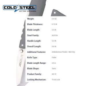 COLD STEEL AD-10 Lite 3.5" AUS10A Steel Ultra-Sharp Tanto Point Blade 5.25" GFN Handle Tactical Folding Knife - Tri-Ad Locking Mechanism