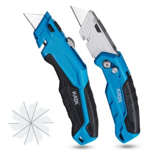 kata 2pack utility knife box cutter retractable folding razor knife set heavy dudy safety cutter, 10pcs sk5 sharp blades included, blue