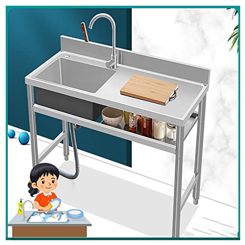 Free Standing Portable Utility Sink Stainless Steel Free-standing Kitchen Sink Commercial Restaurant Sink Utility Sink w/Workbench & Storage, Faucet & Drainboard 120x50x80cm/47.2x19.7x31.5in Left