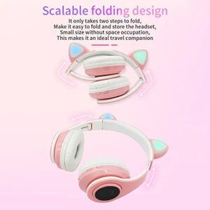 B39 Light-Emitting Cat Ear Headset, LED Light Up Over Ear Headphones with Mic Bluetooth Stereo Sound Foldable Rechargeable Earpiece, Cute Cat Ear Gaming Headset for Girls (Pink)