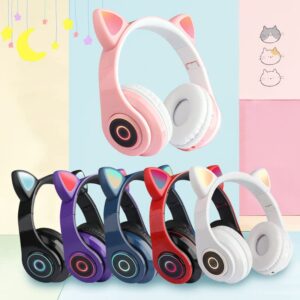 b39 light-emitting cat ear headset, led light up over ear headphones with mic bluetooth stereo sound foldable rechargeable earpiece, cute cat ear gaming headset for girls (pink)