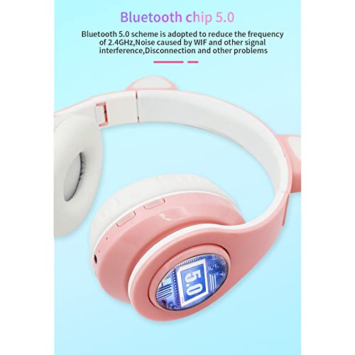 B39 Light-Emitting Cat Ear Headset, LED Light Up Over Ear Headphones with Mic Bluetooth Stereo Sound Foldable Rechargeable Earpiece, Cute Cat Ear Gaming Headset for Girls (Pink)