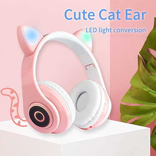 B39 Light-Emitting Cat Ear Headset, LED Light Up Over Ear Headphones with Mic Bluetooth Stereo Sound Foldable Rechargeable Earpiece, Cute Cat Ear Gaming Headset for Girls (Pink)