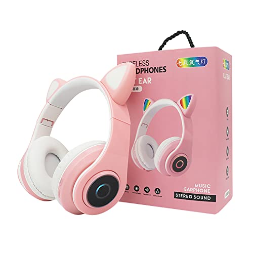 B39 Light-Emitting Cat Ear Headset, LED Light Up Over Ear Headphones with Mic Bluetooth Stereo Sound Foldable Rechargeable Earpiece, Cute Cat Ear Gaming Headset for Girls (Pink)