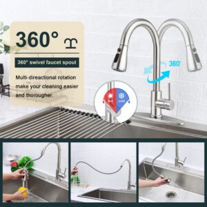 Herogo Kitchen Sink Faucet, Kitchen Faucets with Pull Down Sprayer Brushed Nickel, Stainless Steel High Arc Single Handle Faucet with 1 Hole or 3 Hole Deck Plate for Farmhouse Laundry RV Wet Bar Sinks