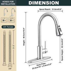 Herogo Kitchen Sink Faucet, Kitchen Faucets with Pull Down Sprayer Brushed Nickel, Stainless Steel High Arc Single Handle Faucet with 1 Hole or 3 Hole Deck Plate for Farmhouse Laundry RV Wet Bar Sinks