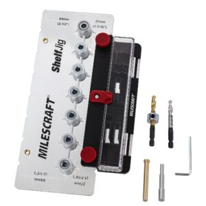 milescraft 1343 shelf jig – create ¼ in. and 5mm shelf pin holes for cabinets. standard 32mm spacing. shelf pin jig includes two drill bits