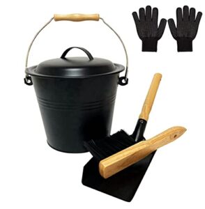 mini ash bucket with shovel, gloves and hand broom, 1.5-gallon pail with lid, metal bucket coal and ash carrier wood pellet storage container tool set for fireplace fire pit, iron ash stove