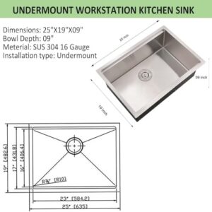 25 Inch Undermount Kitchen Sink Stainless Steel -Wesliv 25x19 Inch Undermount Workstation Kitchen Sink 16 Gauge Deep Single Bowl Undermount Kitchen Sink with Cutting Board