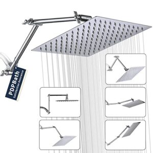 pdpbath 10" rain shower head with 16" adjustable height&distance extension arm, 304 stainless steel high pressure rainfall showerhead, all metal square waterfall showerhead with extender - chrome