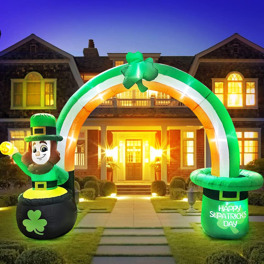 KOOY 12FT Giant St Patricks Day Inflatables Outdoor Decorations,Leprechaun Inflatable Blow Up Lucky Shamrocks Rainbow Arch,St Patricks Day Blow up Decorations with LED Light St Patricks Day Decoration