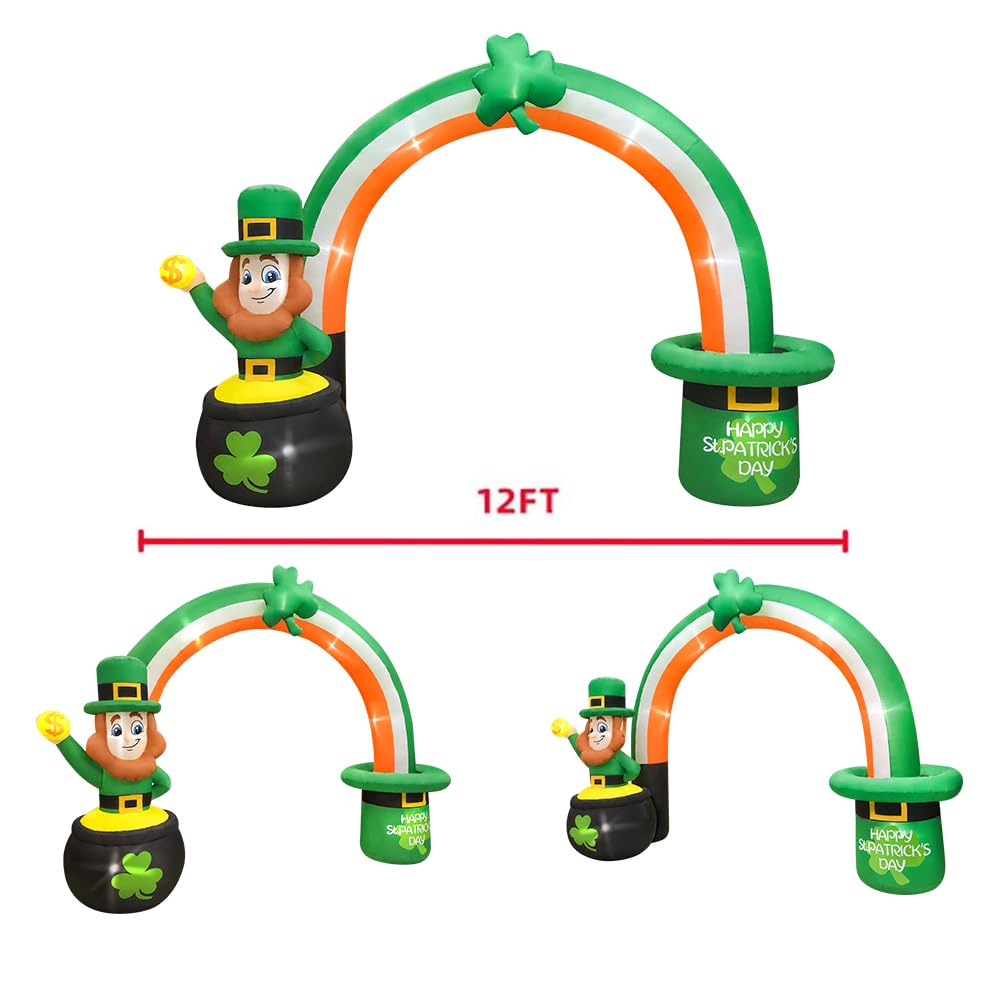 KOOY 12FT Giant St Patricks Day Inflatables Outdoor Decorations,Leprechaun Inflatable Blow Up Lucky Shamrocks Rainbow Arch,St Patricks Day Blow up Decorations with LED Light St Patricks Day Decoration