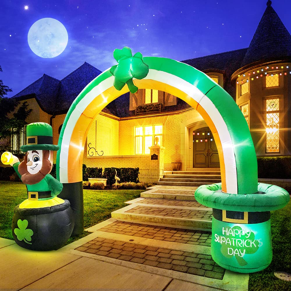 KOOY 12FT Giant St Patricks Day Inflatables Outdoor Decorations,Leprechaun Inflatable Blow Up Lucky Shamrocks Rainbow Arch,St Patricks Day Blow up Decorations with LED Light St Patricks Day Decoration