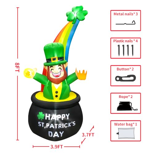 KOOY 8FT St Patricks Day Inflatables Outdoor Decorations,Inflatable Leprechaun in Pot of Gold with Rainbow Blow up Yard Decorations,St Patrick Decorations for Yard Holiday Party Garden Lawn Décor